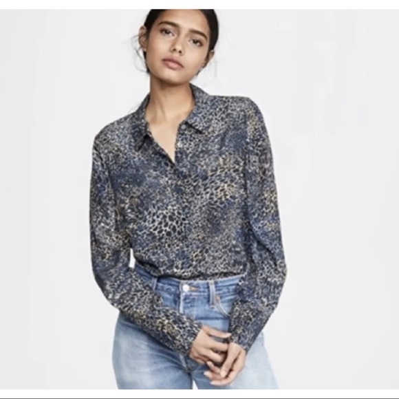 Kobi Halpertin Womens Sz XS 100% Silk Blue Black Leopard Print Button Up Blouse - Picture 3 of 9